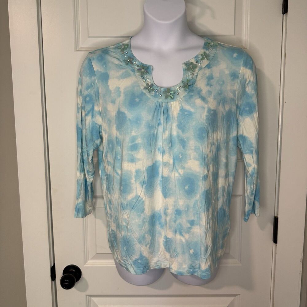 Ruby Rd. Women's XL Blue Tie Dye 3/4 Sleeve EmbellishedNeckline Knit Top
